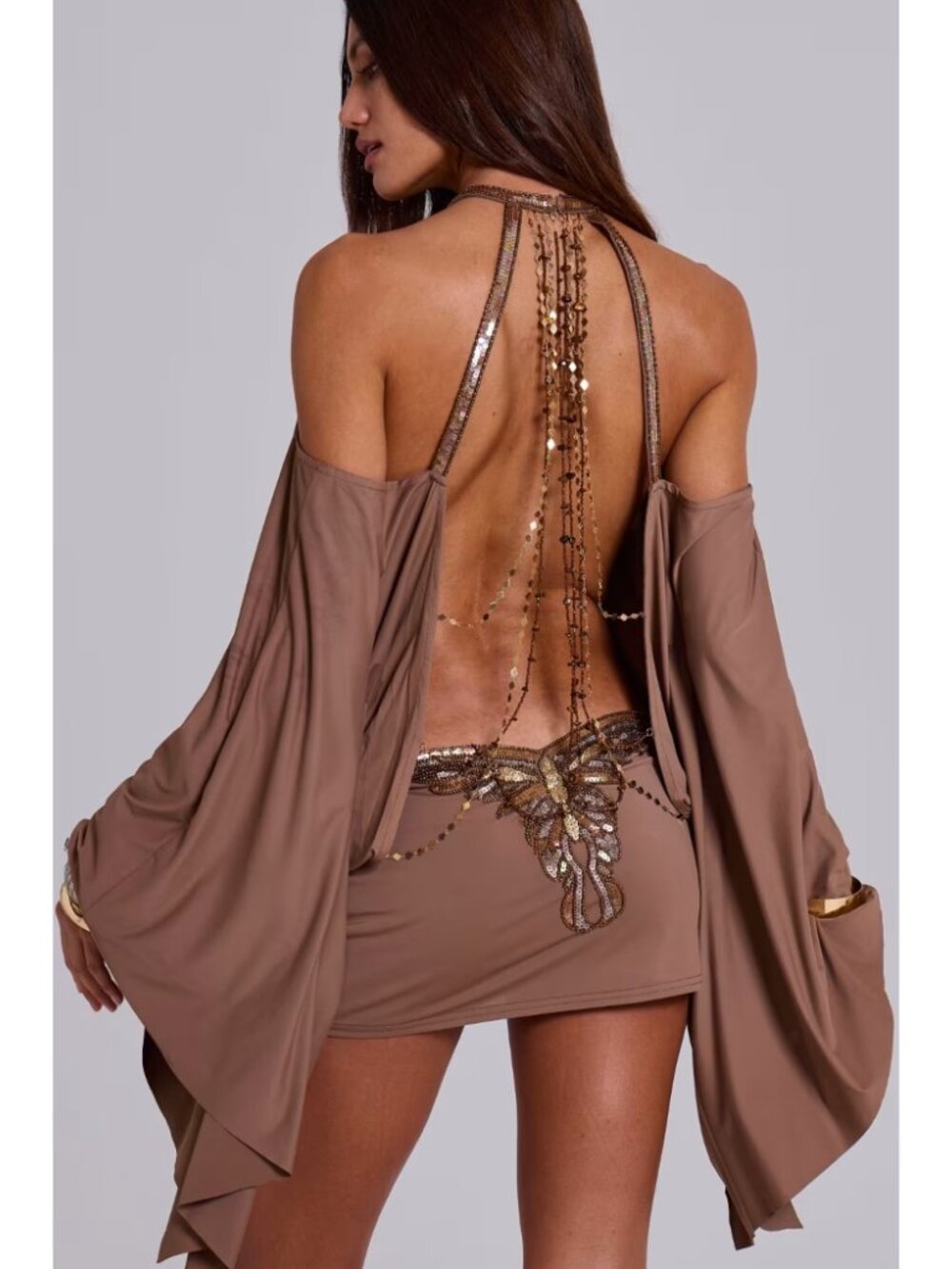 Jaded London Brown Alula Embellished Butterfly Mini Dress Backless Party Size 2